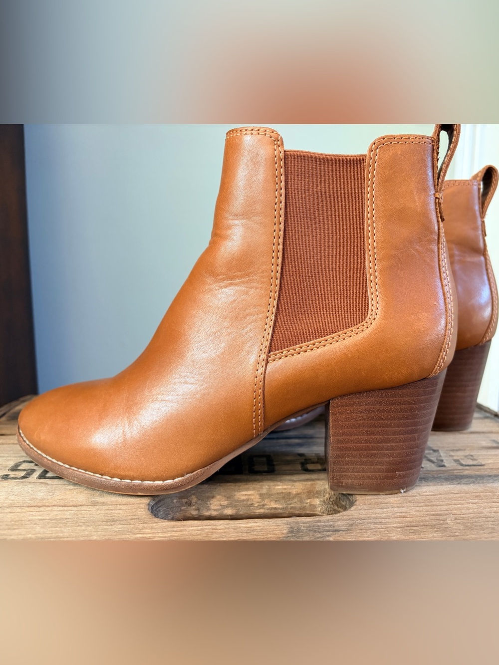 Madewell Leather  Ankle Boots Cognac Brown Block Heel Size 8 J8307